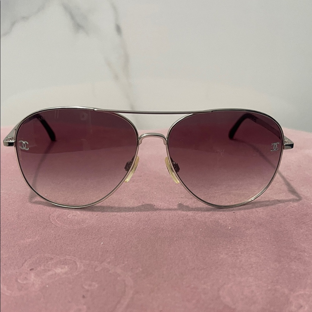 CHANEL Silver and Purple Aviator Sunglasses